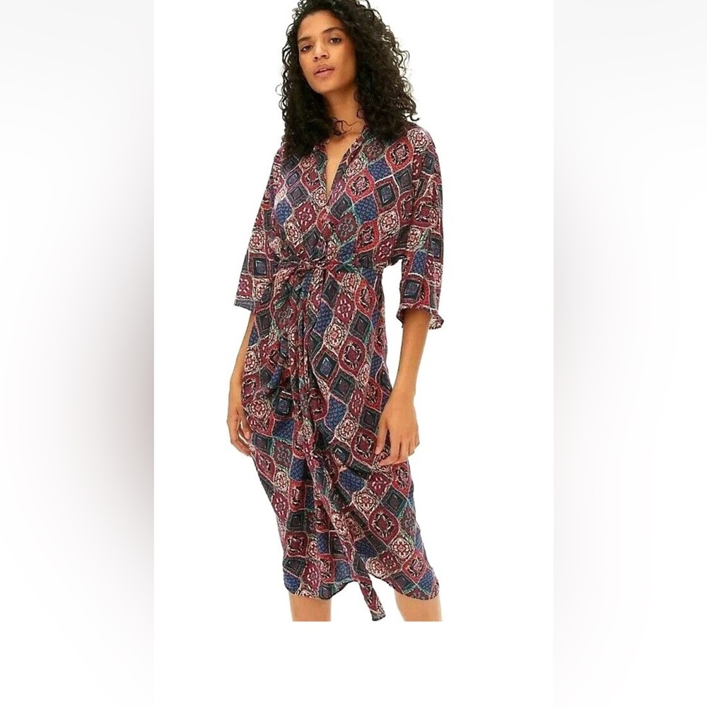 Anthropologie Miska Kimono Ruched Waist Tie Midi V-neck Dress size small